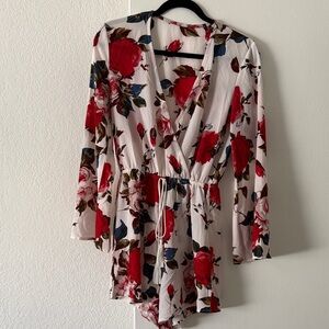 Floral Long Sleeve Romper - Red and White